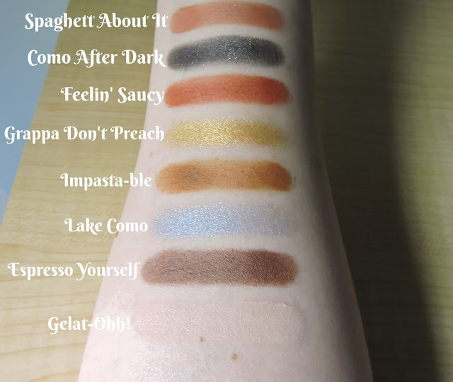 Swatches of 8 eyeshadows from Too Faced’s Italian Spritz Eyeshadow palette on Ultima Beauty’s arm. Text Reads: “Spaghett About It, Como After Dark,  Feelin’ Saucy, Grappa Don’t Preach, Impasta-ble , Lake Como, Espresso Yourself, Gelat-Ohh!