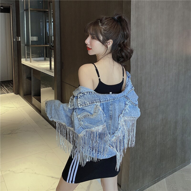 Jean Jacket Woman Fringed Sequined Denim Jacket 2022 Spring New Retro BF Loose Short Jeans Jacket Top Chaquetas Jackets