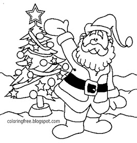 Joyful winter wallpaper comic strip drawing Santa Claus with Christmas tree picture for coloring in