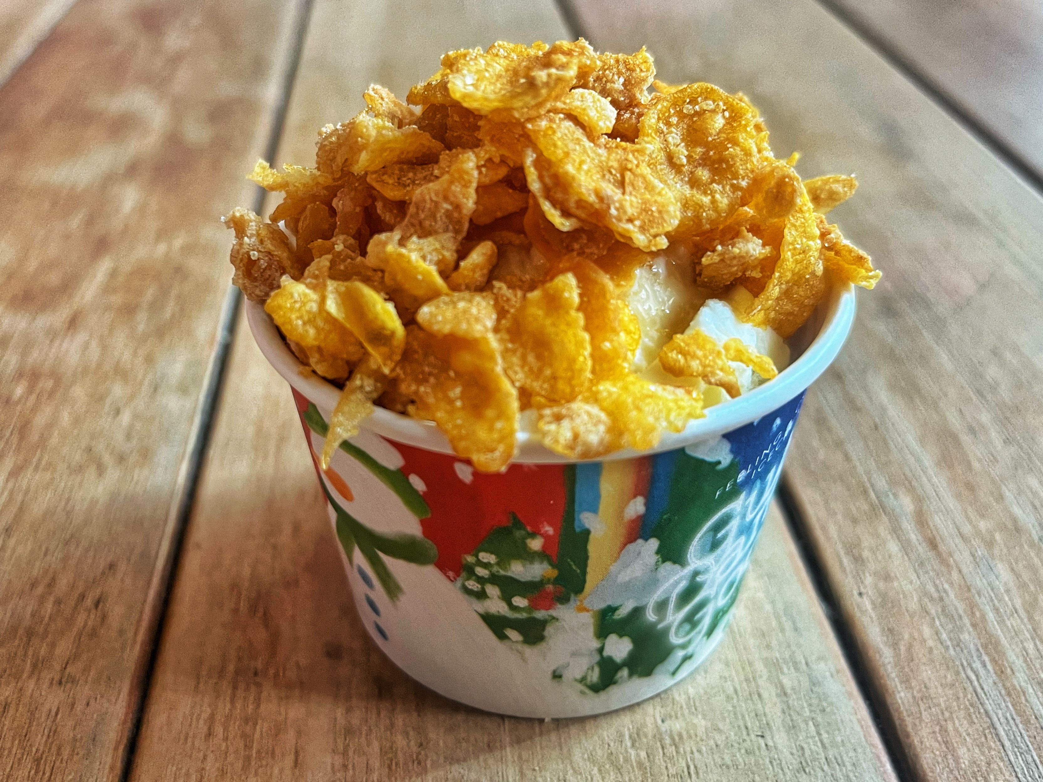 breakfast sunday with maple syrup, milk ice cream, and salted butter corn flakes