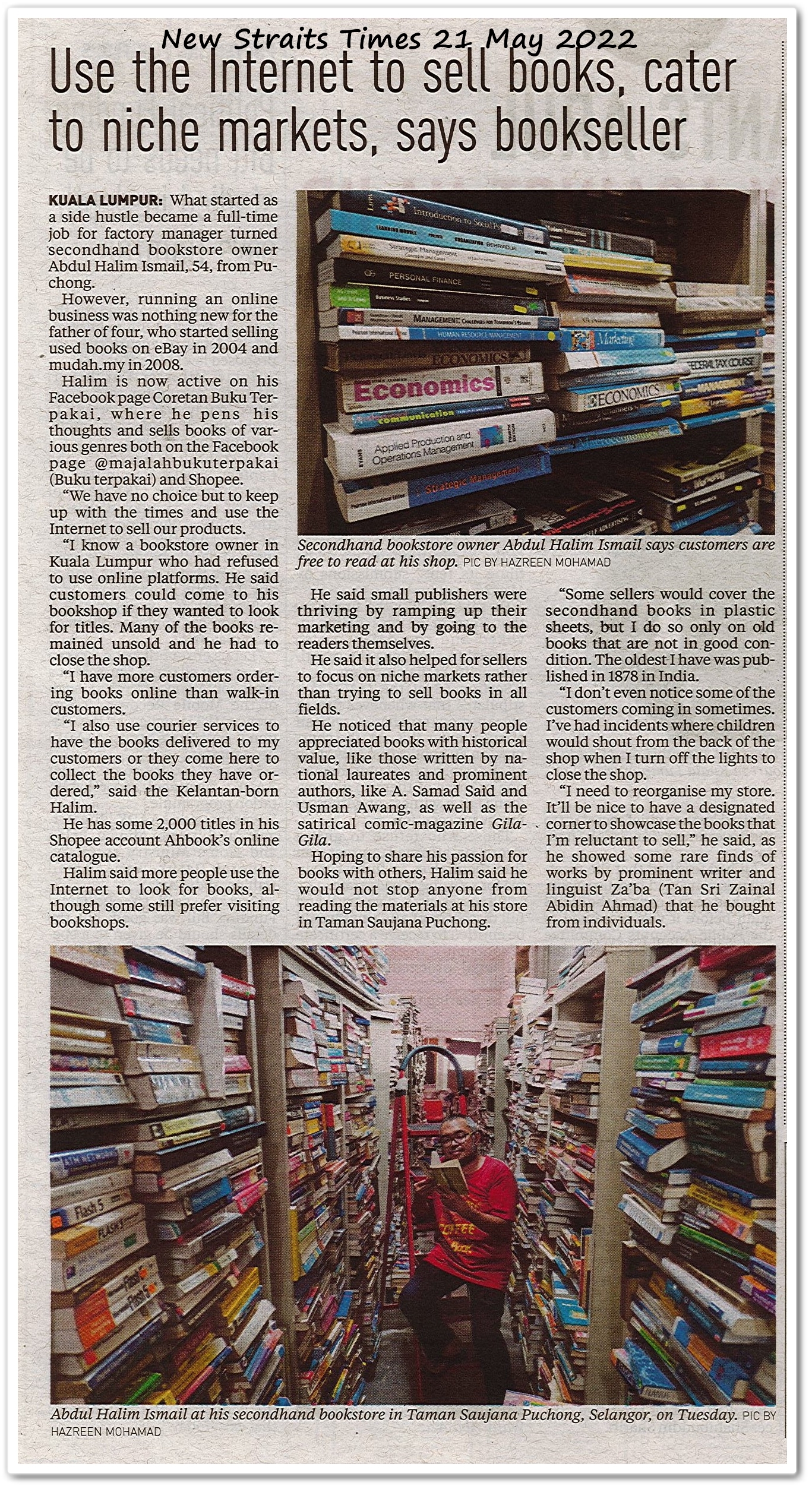 Use the internet to sell books, cater to niche markets, say bookseller - Keratan akhbar New Straits Times 21 May 2022