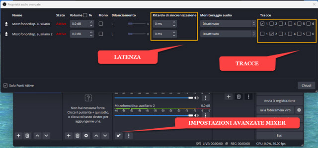 impostazioni avanzate del mixer audio