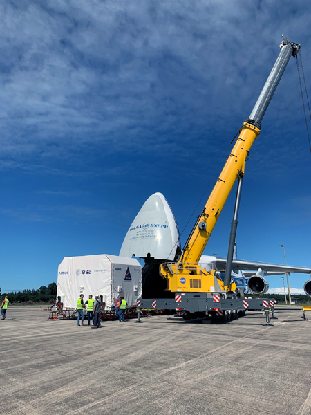 The payload canister carrying the European Service Module for NASA's Artemis 2 mission is about to be transported from the Launch and Landing Facility to the Neil Armstrong Operations and Checkout Building at Kennedy Space Center's Industrial Area...on October 14, 2021.