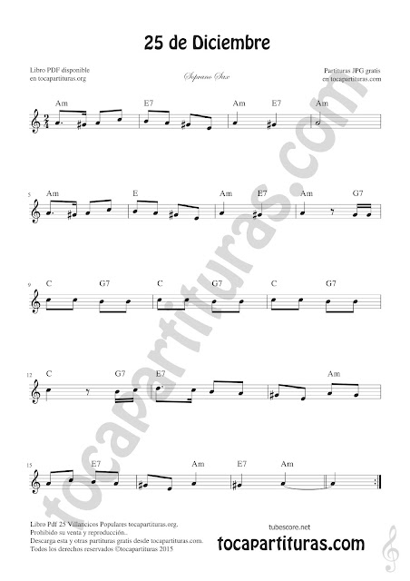 Soprano Sax Partitura de 25 de Diciembre Villancico de Navidad Sheet Music for Soprano Sax Christmas Carol Music Scores