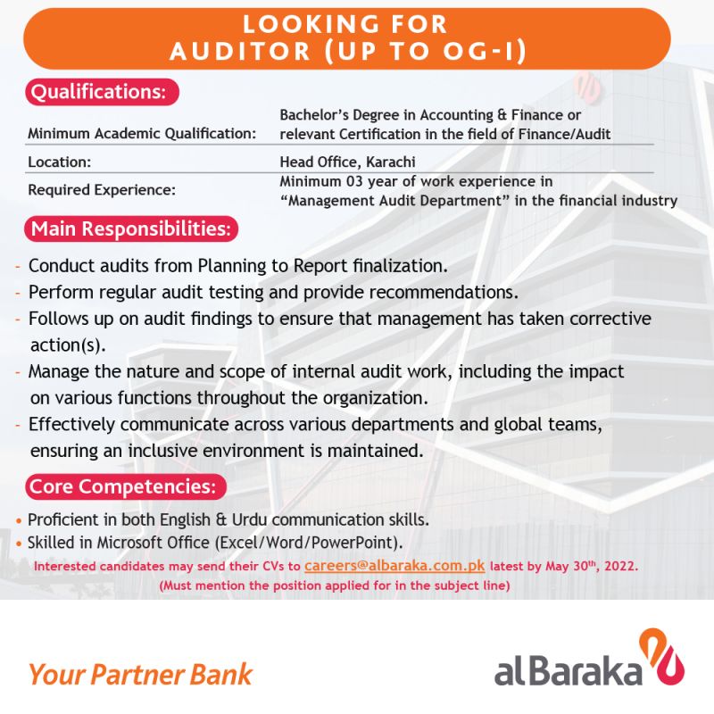 Al Baraka Bank (Pakistan) Limited Jobs For Auditor