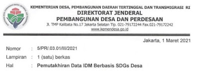 Surat Menteri Desa PDTT Tentang Pemutakhiran Data Indeks Desa Membangun (IDM) SDGs Desa