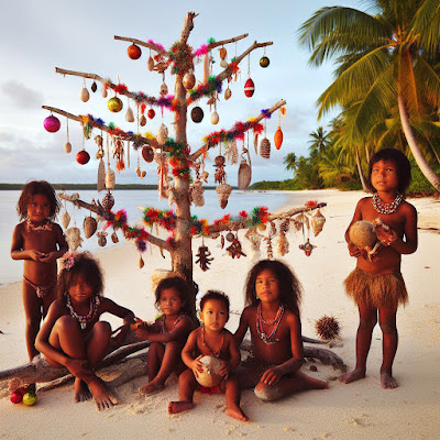 lucayan children around decorated driftwood christmas tree on beach
