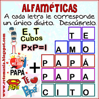 Alfamética, Criptoaritmética, Criptosuma, Criptograma, Suma de letras, Suma de palabras, Lógica de letras, Desafíos matemáticos, Retos matemáticos, Problemas matemáticos, Problemas de matemáticas, Acertijos, Acertijos matemáticos, Acertijos con Solución, Día del Padre y matemáticas, alphametic, matemáticas, matematik