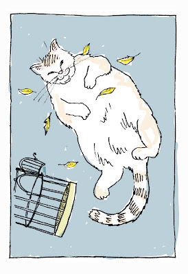 Coloring card of the fat cat behaving badly. The cat has eaten  the canary by artist David Borden