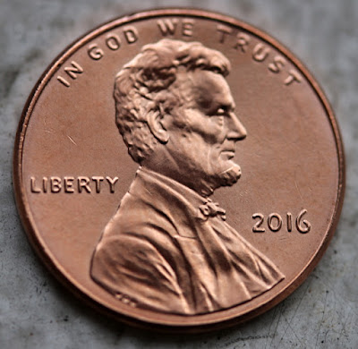 Obverse of 2016 Shield Cent, Lincoln, date