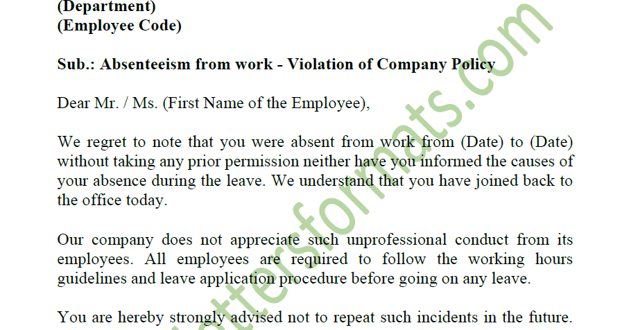 Draft Warning Letter For Absence From Work Without Permission