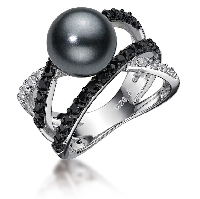 925 Silver Black Pearl and White and Black Diamond Ring