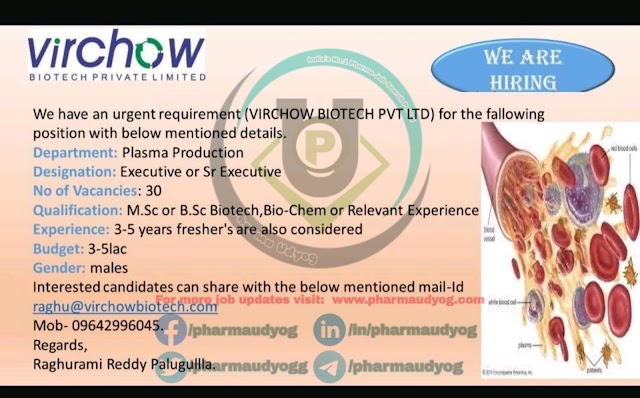 Virchow Biotech | Hiring for Plasma Production at Hyderabad | Send CV | Pharma Jobs - Hyderabad