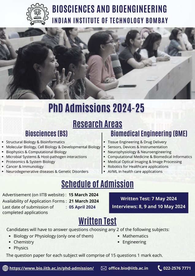 Biosciences/Bioengineering PhD Admissions 2024 @ IIT Bombay 