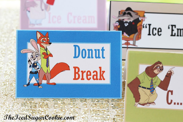 Make Your Own DIY Zootopia Food Label Cards And Hanging Flag Banner by The Iced Sugar Cookie-Mole Mr Big, Nick Fox, Judy Bunny, Flash Sloth, Elephant Jerry