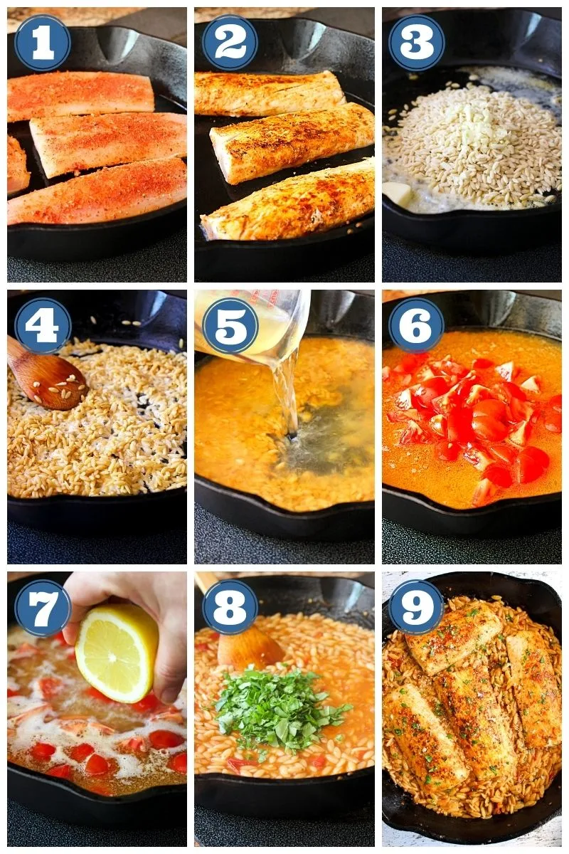 Collage of step-by-step images of Mahi Mahi and Tomato Basil Orzo being made.