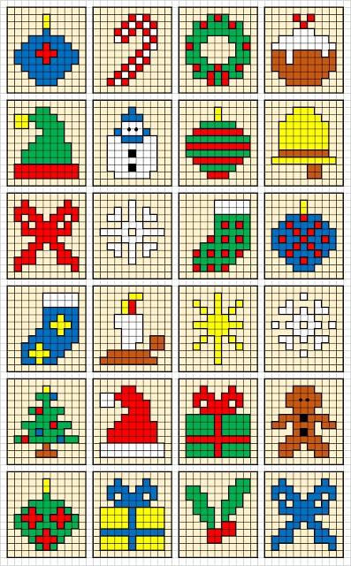 Free mini Christmas pixel art designs for cross stitch or Hama beads