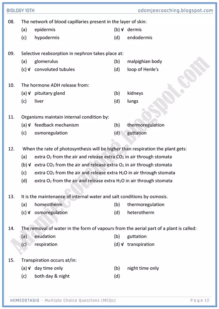 homeostasis-mcqs-biology-10th