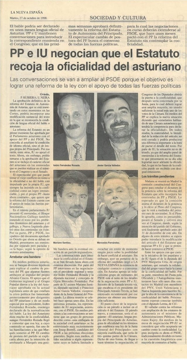 añu 1998: PP e IU negocien la OFICIALIDÁ DEL ASTURIANU na reforma del estatutu
