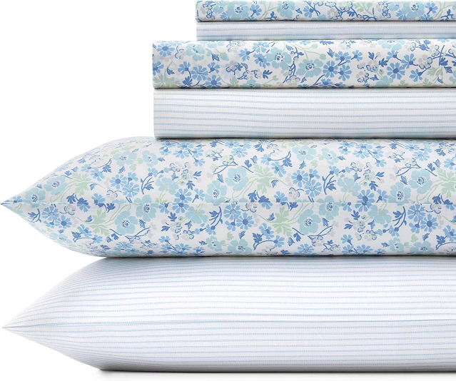 Laura Ashley Home Jaynie/Ticking Stripe Sheet Set, King, Wintergreen