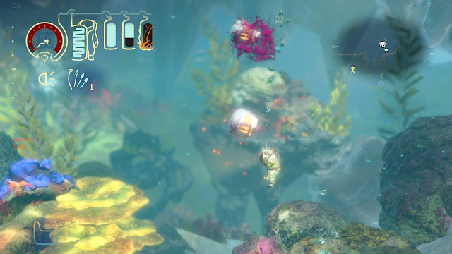 Screenshot of the Aquanaut fighting a jellyfish. One of his three oxygen tanks is damaged.