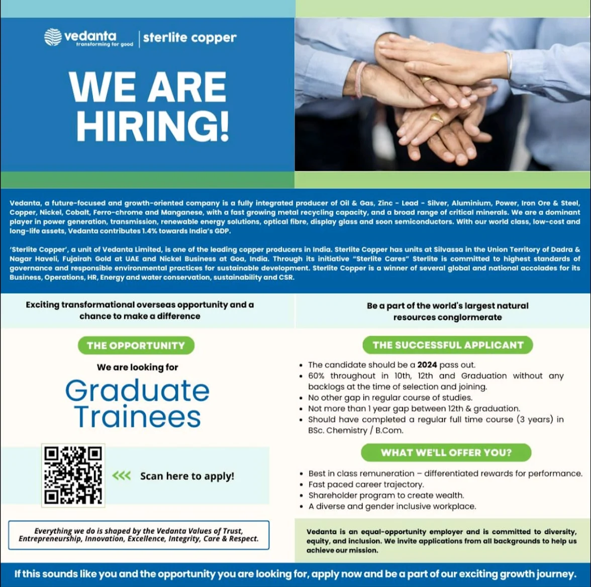Vedanta Sterlite Copper Graduate Engineer Trainee (GET) Jobs in India: Current Walk-In Interview for Freshers