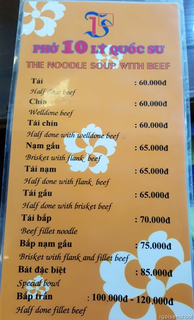 Menu at Pho !0, beef noodle shop in Hanoi