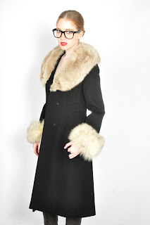 Vintage 1970's black wool princess coat with shaggy fox fur collar and cuffs.