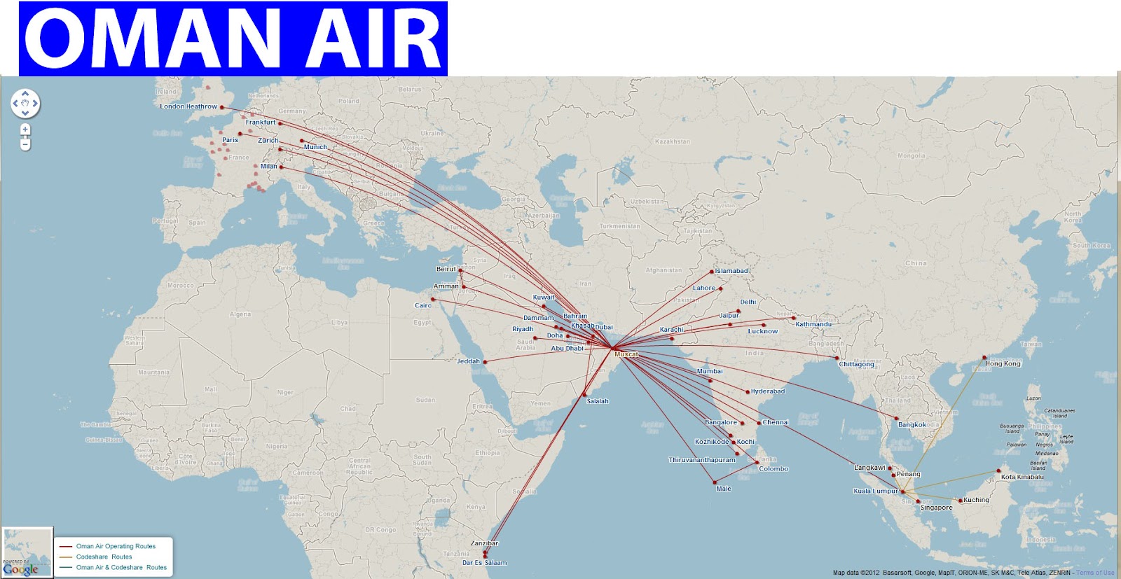 international flights: Oman Air route map