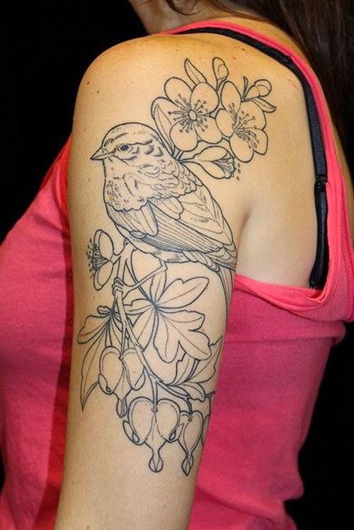 Women, Bird, Women Shoulder With Flower Design Tattoos, Women Shoulder With Flying Birds Design Tattoos, Women Shoulder With Sparrow Tattoos, 