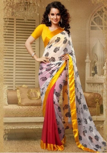 White And Yellow Reversible Printed Saree