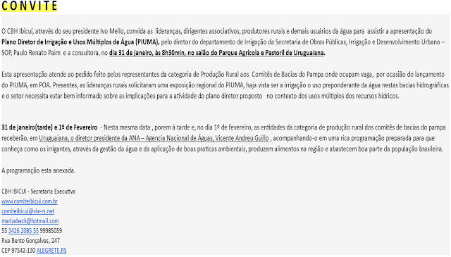 Convite: apresentação do Plano Diretor de Irrigação e Usos Múltiplos da Água (PIUMA/RS)