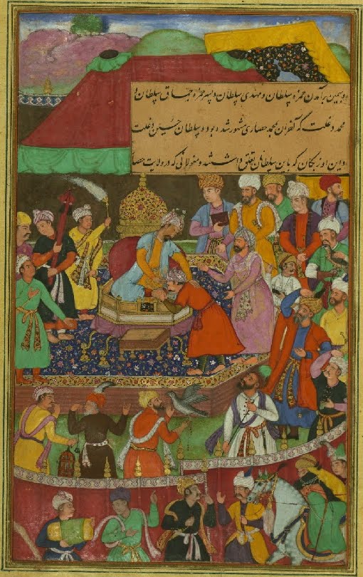 Islamic manuscript miniature of Sultan receiving guests; falconry