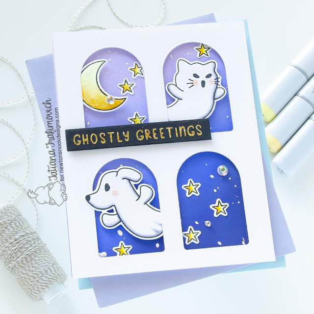 Ghost Cat and Dog Halloween Card by Tatiana Trafimovich | Ghostly Good Times Stamp Set, Spooky Sentiments Hot Foil Plates, Labels Hot Foil Plates and Dies, and Banner Duo Die Set by Newton's Nook Designs