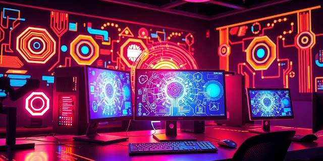 Futuristic PCs with AI features in a modern workspace.