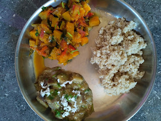 Barnyard millet (Kuthiraivaali) rice, Brinjal kootu, Pumpkin masala