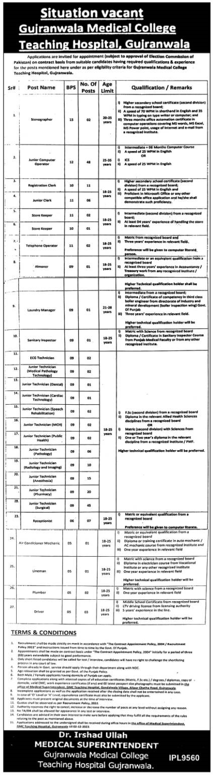 Gujranwala Medical College Jobs Application Form PDF Download