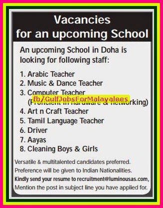 Job Vacancies in an Upcoming School in Qatar