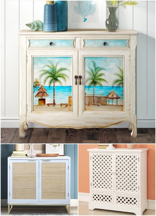 Cabinets with Rattan Panel Doors Tropical Coastal Style