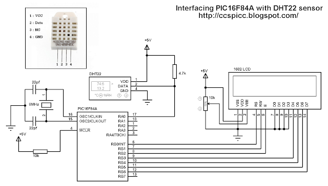 Interfacing PIC16F84A microcontroller with DHT22(AM2302 - RHT03) humidity and temperature sensor circuit CCS PIC C