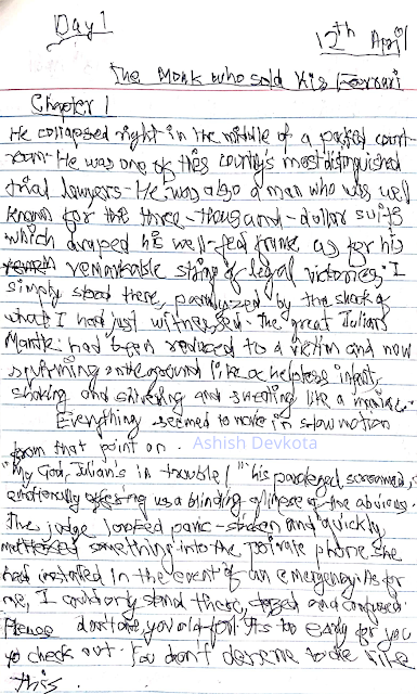 How to Write With Both Hands in 5 Easy Steps - Day 1 of left hand handwriting practice, text from The monk who sold his Ferrari