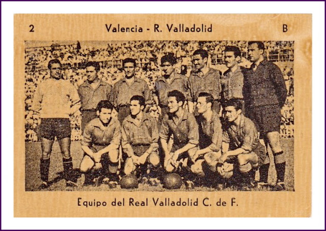 REAL VALLADOLID DEPORTIVO. Temporada 1951-52. Goicolea, Lasala, Lolo, Matito, Lesmes I, Lesmes II, Saso. Ortega, Olcina, Coque, Valdés y Pepín. VALENCIA C. F. 3 REAL VALLADOLID DEPORTIVO 0. 09/09/1951. Campeonato de Liga de 1ª División, jornada 1. Valencia, estadio de Mestalla. GOLES: 1-0: 44’, Badenes. 2-0: 71’, Badenes. 3-0: 73’, Pasieguito.