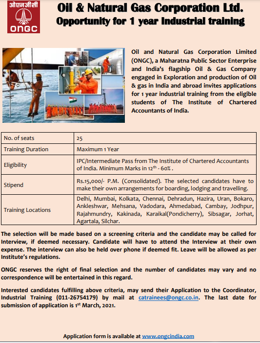 ONGC Industrial Training Recruitment 2021 : Oil and Natural Gas Corporation 50 posts online form