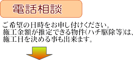 電話相談。ご希望の日時をお申し付けください。施工金額が推定できる物件(ハチ駆除等)は、施工日を決める事も出来ます。