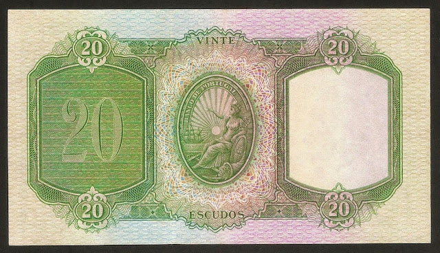 Portugal money currency 20 Escudos banknote 1941 seal of Banco de Portugal