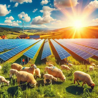 Solar panels with grazing sheep, technicians monitoring clean energy systems.