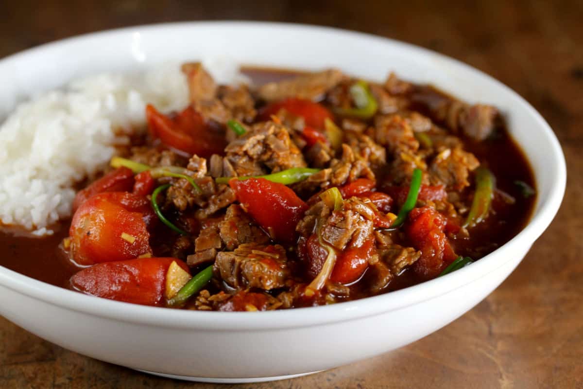 Tomato beef in a bowl.