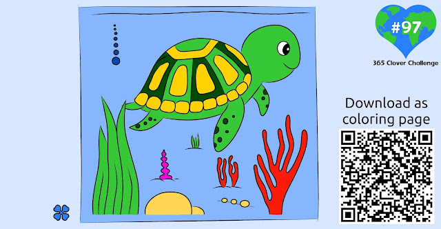 Drawing of a sea turtle under water; a colored coloring page for children