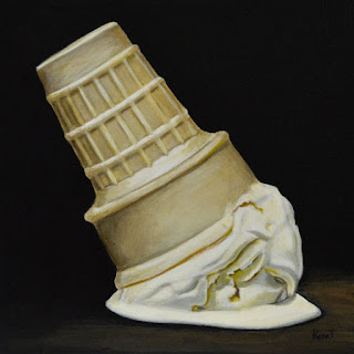 Small realist daily painting of a vanilla ice cream cone that's fallen