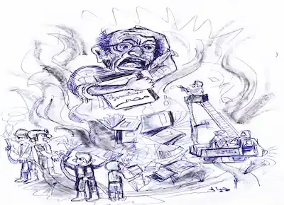رسم كاريكاتيري لجمال حمدان وهو يحتضن كتابه شخصية مصر ويصرخ من ألسنة لهب نيران الحريق التي تحاوطه والتي يحاول عمال المطافئ إطفاءها